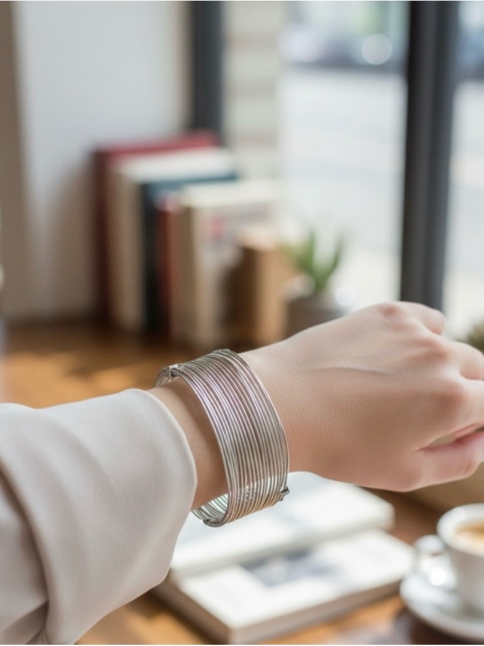 Stacked Multi-Wire Silver Bangle Bracelet